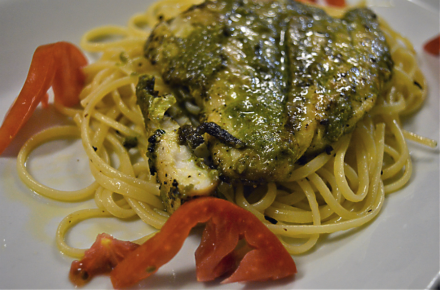 Pesto Fish over spaghetti